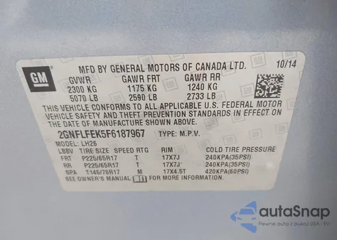 2015 Chevrolet Equinox 1Lt из США, поврежденный, VIN 2GNFLFEK5F6187967